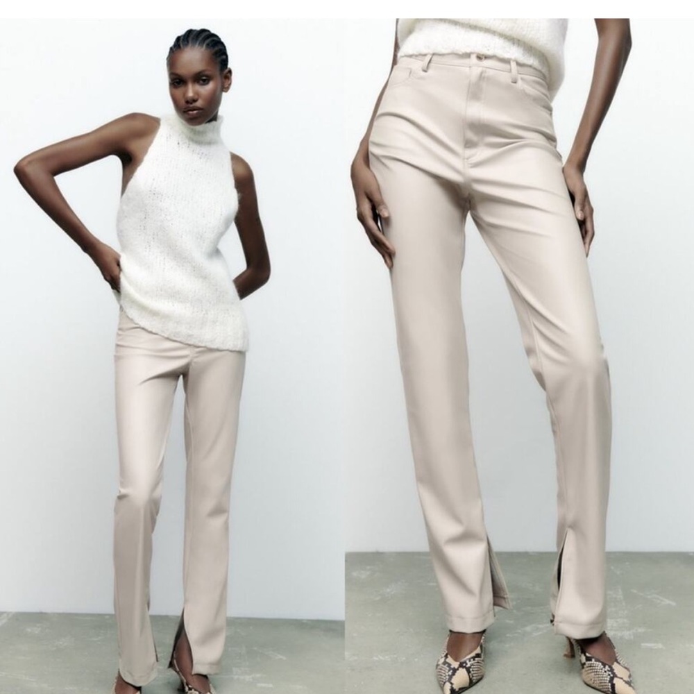 Zara Tailored High-Waist Flare With Side Slit  Vegan Leather Pants
